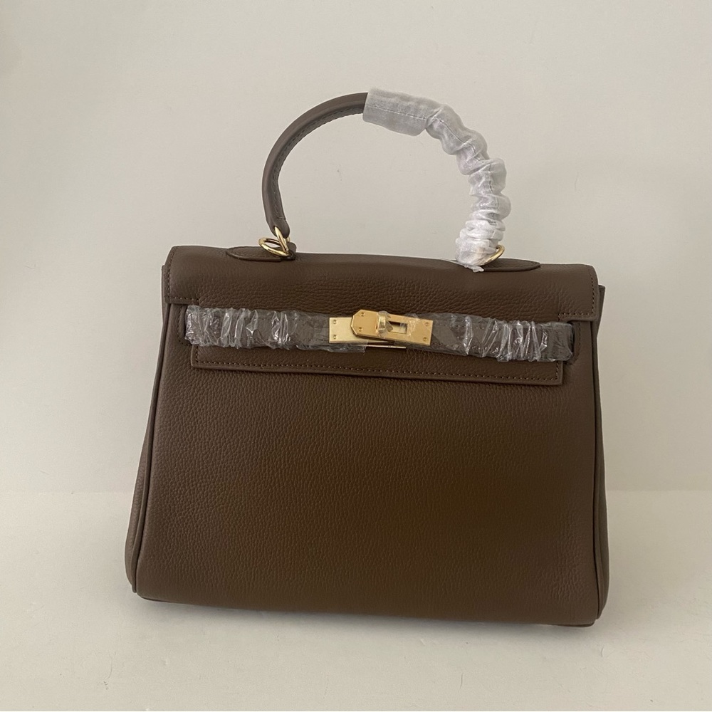 Dark Taupe 28 Leather Top Handle Bag Structured Satchel w/ Gold Hardware S10/B12